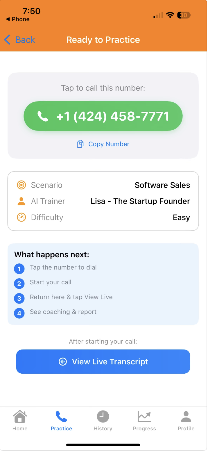 Cold Call Gym iOS app — ready to practice a cold call session